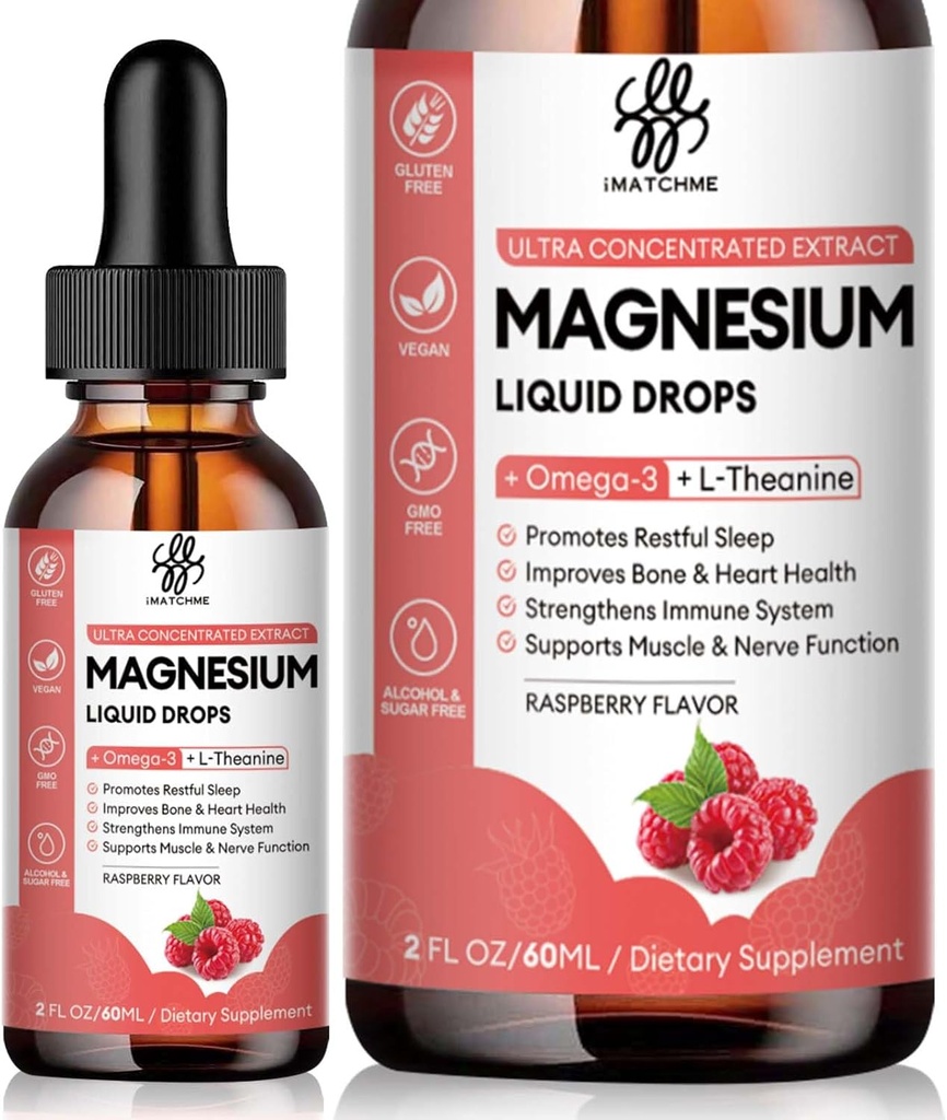 Beruhigen Magnesium-Flüssigtropfen mit Magnesium-Glycinat, Citrat, Oxid & Taurat für Knochen, Herz, Muskel, Immun, Energie, Schlaf & Verdauung, hohe Absorption, Zuckerfrei, Himbeer Geschmack,2 Fl Oz