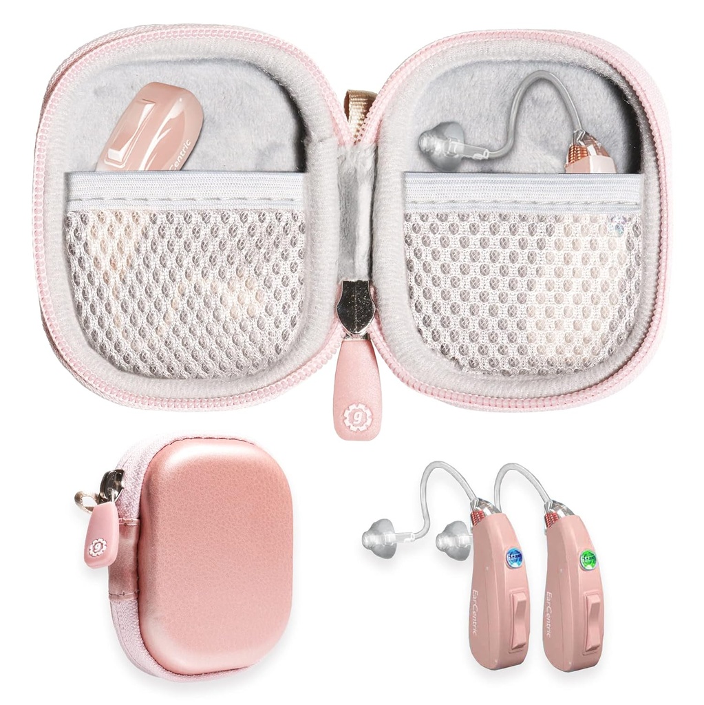 GETGEAR Progettato Custodia protettiva per apparecchi acustici, Amplificatore acustico, Amplificatore sonoro personale, Dispositivo uditivo, Dispositivo di ascolto, Forte Mini caso con tasca in rete (Rose Gold