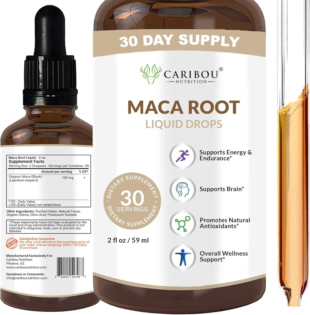 Maca Root Liquid Drops | Premium Organic Maca Root Extract | Maca Ergänzung für Enhanced Mood & Vitality | Vegan, Non-GMO, Gluten & Alkohol Kostenlos | 2 Fl Oz