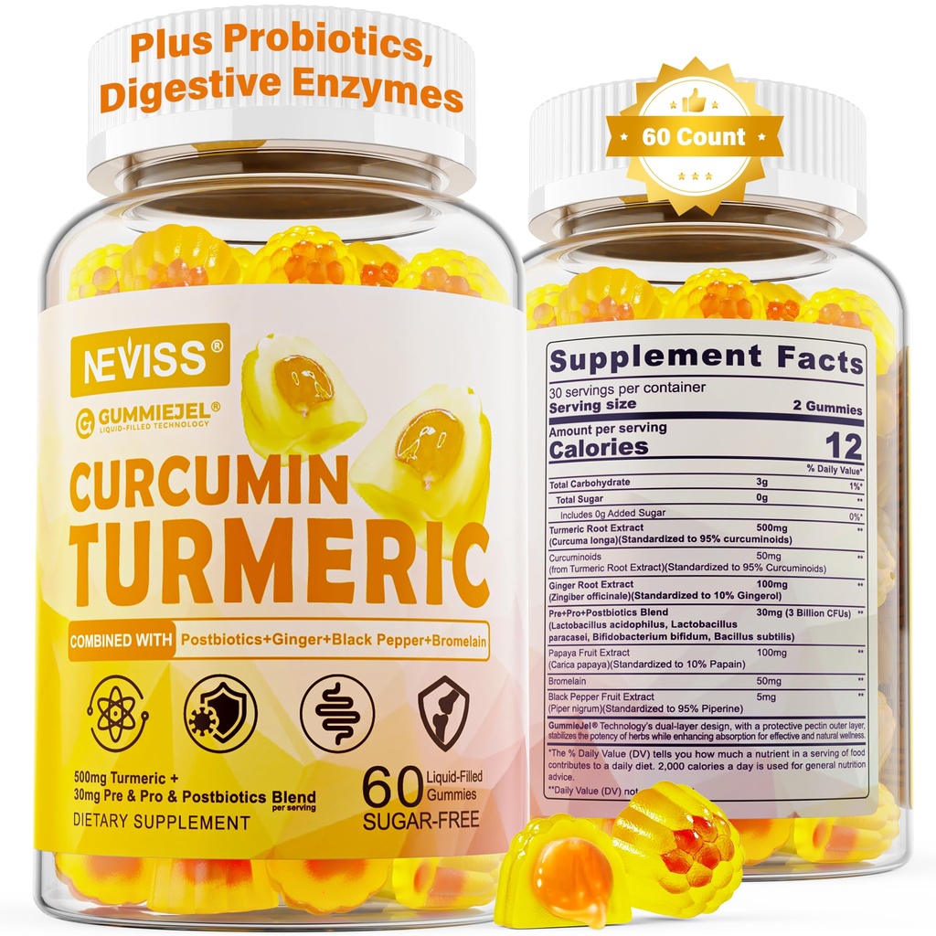 Sugar Free Turmeric Curcumin Filled Gummies 550mg für Erwachsene, Ginger & Black Pepper | 95% Curcuminoids w/Prebiotic Probiotic & Postbiotic Blend, Unterstützung Immun & Verdauungsgesundheit, Vegan, 60 Graf
