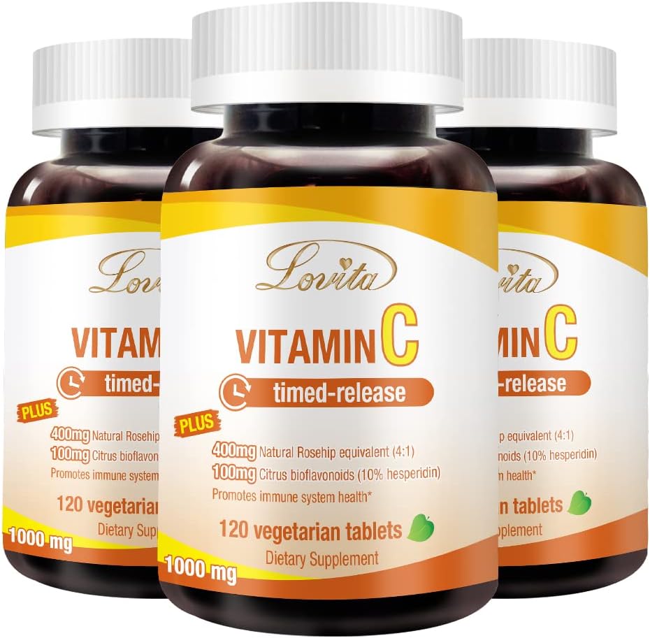 Lovita Vitamin C 1000mg con Bioflavonoids & Rose HIPS, Rivestimento di rilascio tempestivo, Alta potenza, Supporto Boost Funzione immunitaria sana, 120 compresse vegetariane per 4 mesi di alimentazione (pacchetto di 3)