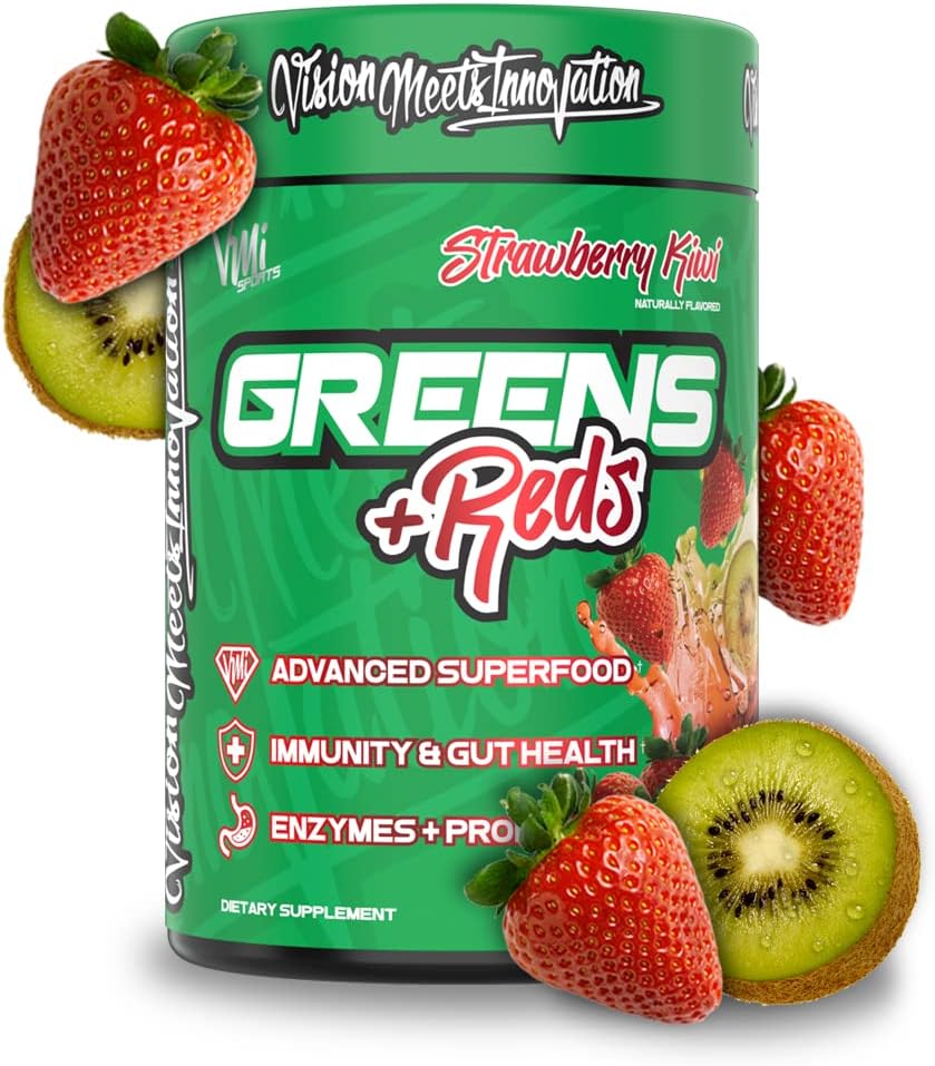 VMI Sports Verts + Rouges Immunity Superfood Advanced et Gut Health Enzymes et probiotiques (Strawberry Kiwi)