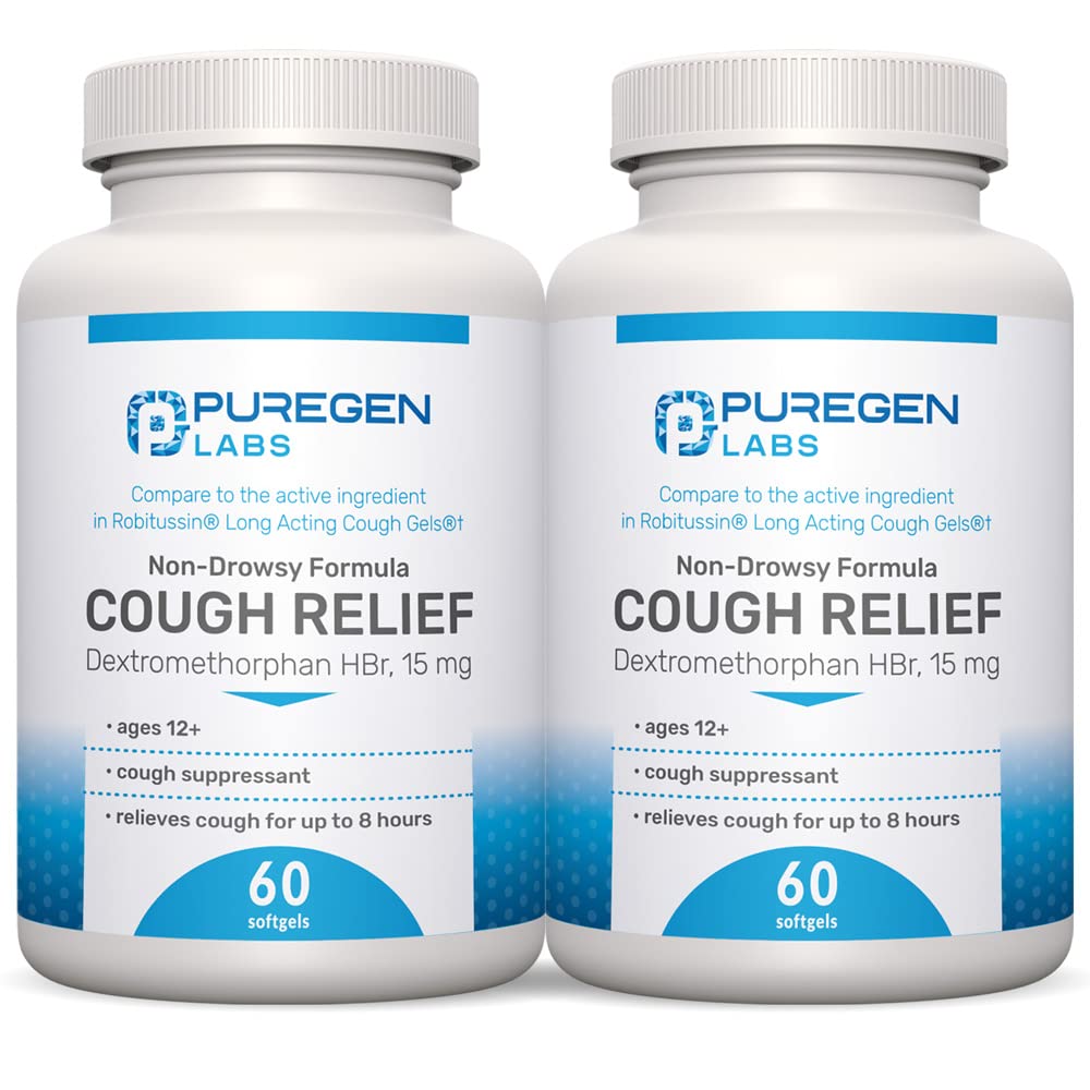 P Puregen Labs Hustenentlastung für Erwachsene Dextromethorphan HBr 15mg (120 Softgels) 8-Hour, nicht-Drowsy, Long-Lasting Bronchial Suppressant |Ages 12+ | Vergleich zu Robafen und Robitussin 2Pack