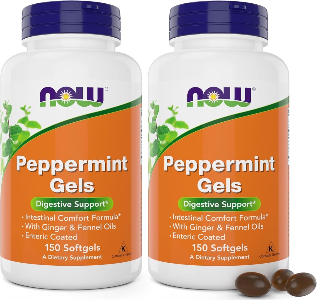 Now Peppermint Gels with Ginger Oil and Fennel Oil, 150 Softgels (Pack of 2), Enteric Coated