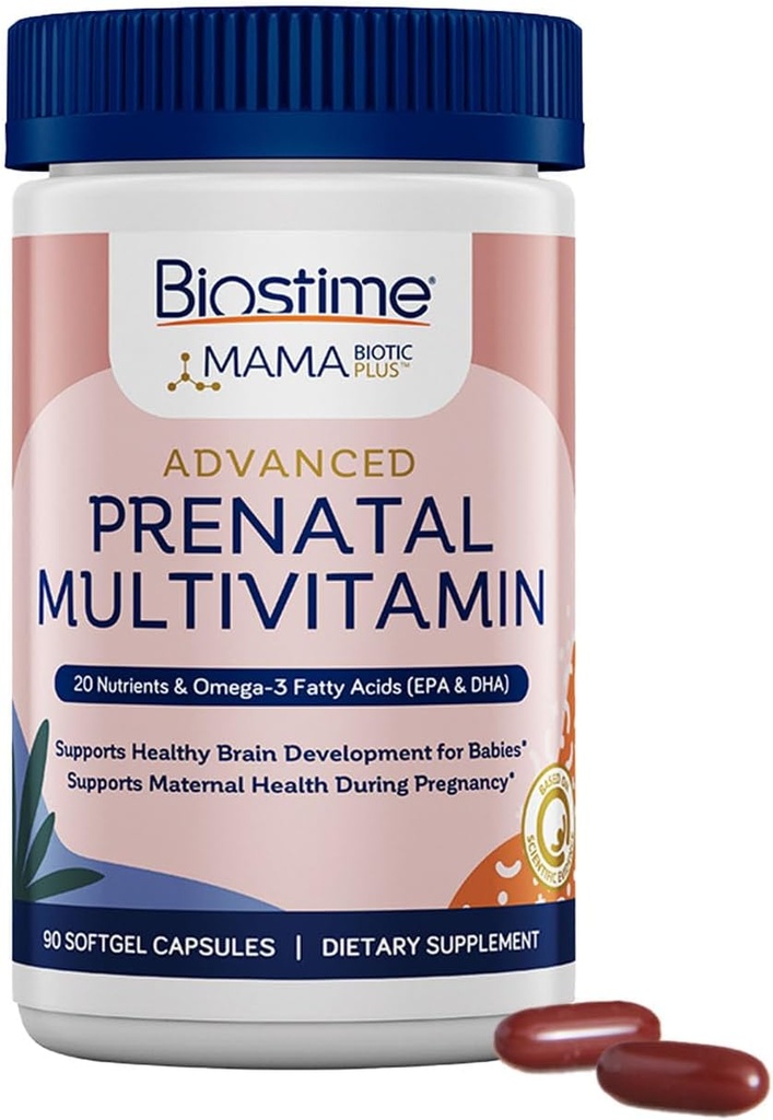 Biostime Fortgeschrittene pränatale Vitamine für Frauen | 20 Nährstoffe, Multivitamin, Folsäure, Eisen, Prebiotikum und Omega 3 EPA & DHA Fettsäuren | Schwangerschaft Vitamine & Support-Ergänzung | 90 Weichgel Pillen