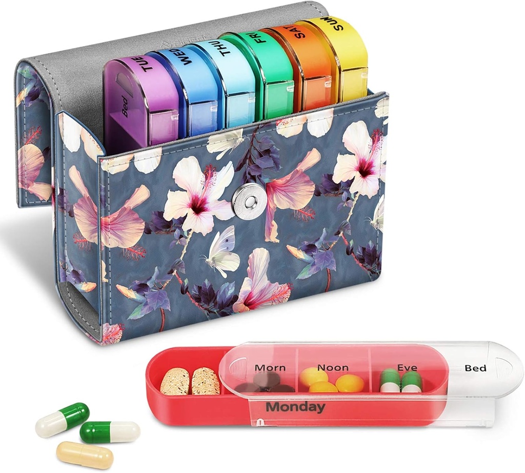 FINPAC Weekly Pill Organizer 4 Mal A Day, Dia Open PU Leder Case Reise Pille Vitamin Medizin Reminder und Planner mit Namenskarte für Morning| Afternoon| Evenings Bedtime (Blooming Hibiscus)