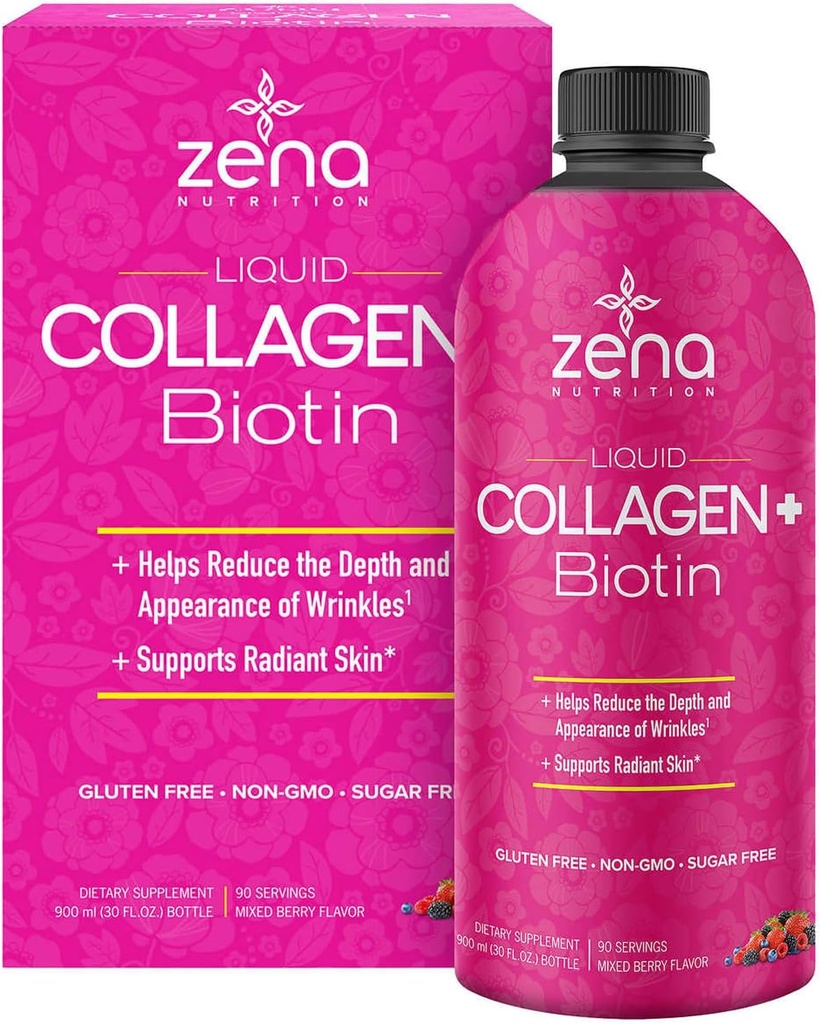 Zena Liquid Collagen + Biotin: 2500mg Collagen, 5000mcg Biotin, Verisol Formel | Haar, Haut, Nagel & Gelenk Unterstützung | Non-GMO, Gemischte Berry Flavor | 90 Servierungen