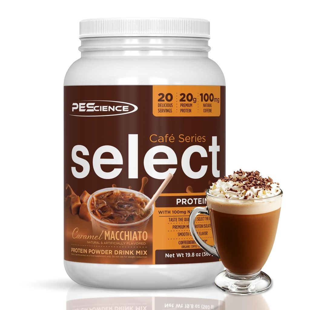 PEScience Select Cafe Protein Coffee Polvere aromatizzata, Caramel Macchiato, 100 mg di caffeina, 20g polvere di caffè di proteine a freddo o cremoso, 20 porzioni