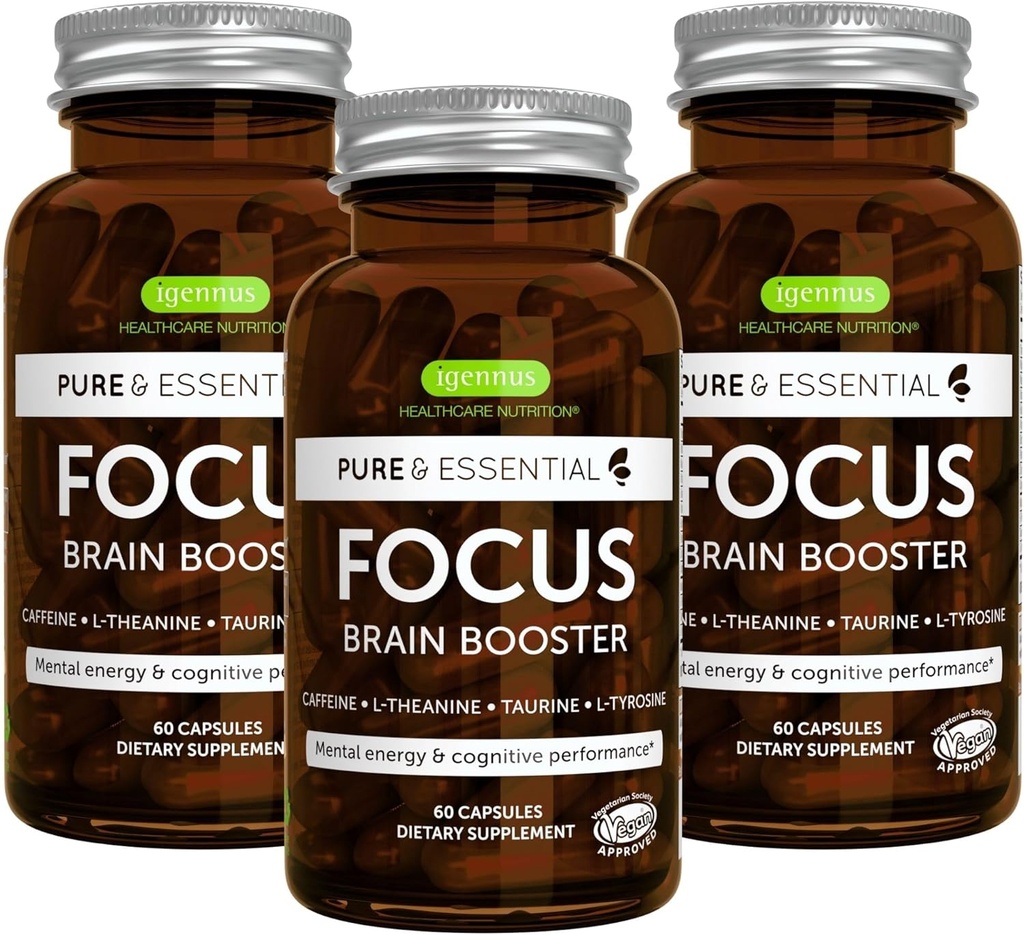 Igennus Focus - Nootropic mit 200mg Natürliche Koffein, Methylierte B Vitamine, L-Theanin, Taurine, L-Tyrosin, Saubere Energie, Brain Booster & Kognitive Leistung, Non Jittery, 180 Kapseln