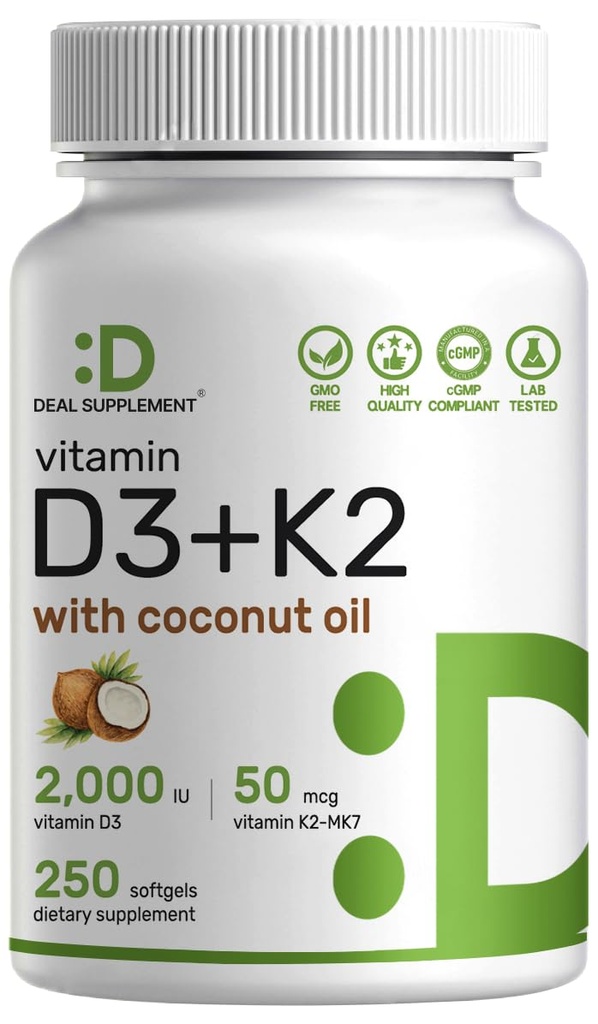 DEAL SUPPLEMENT Vitamin D3 2,000 IU + K2 MK7 50mcg Softgels | 2-in-1 Complex with Virgin Coconut Oil | Supports Heart, Bone, Teeth & Immune Health | Easy to Swallow