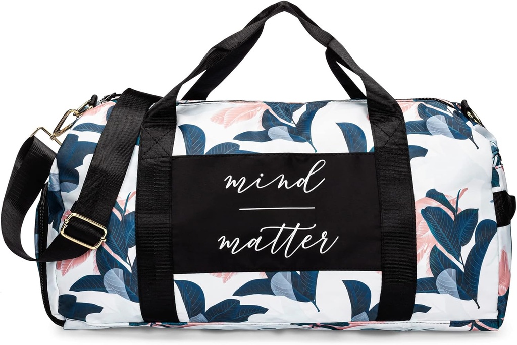 Gym Tasche für Frauen mit Schuh Compartment und Wet Pocket | Durable Lightweight Gym Duffle Bag mit Motivation Zitat und Graphic Designs | Toll für Übung und Übernachtungen | Weiß/Navy - Guava Leaf