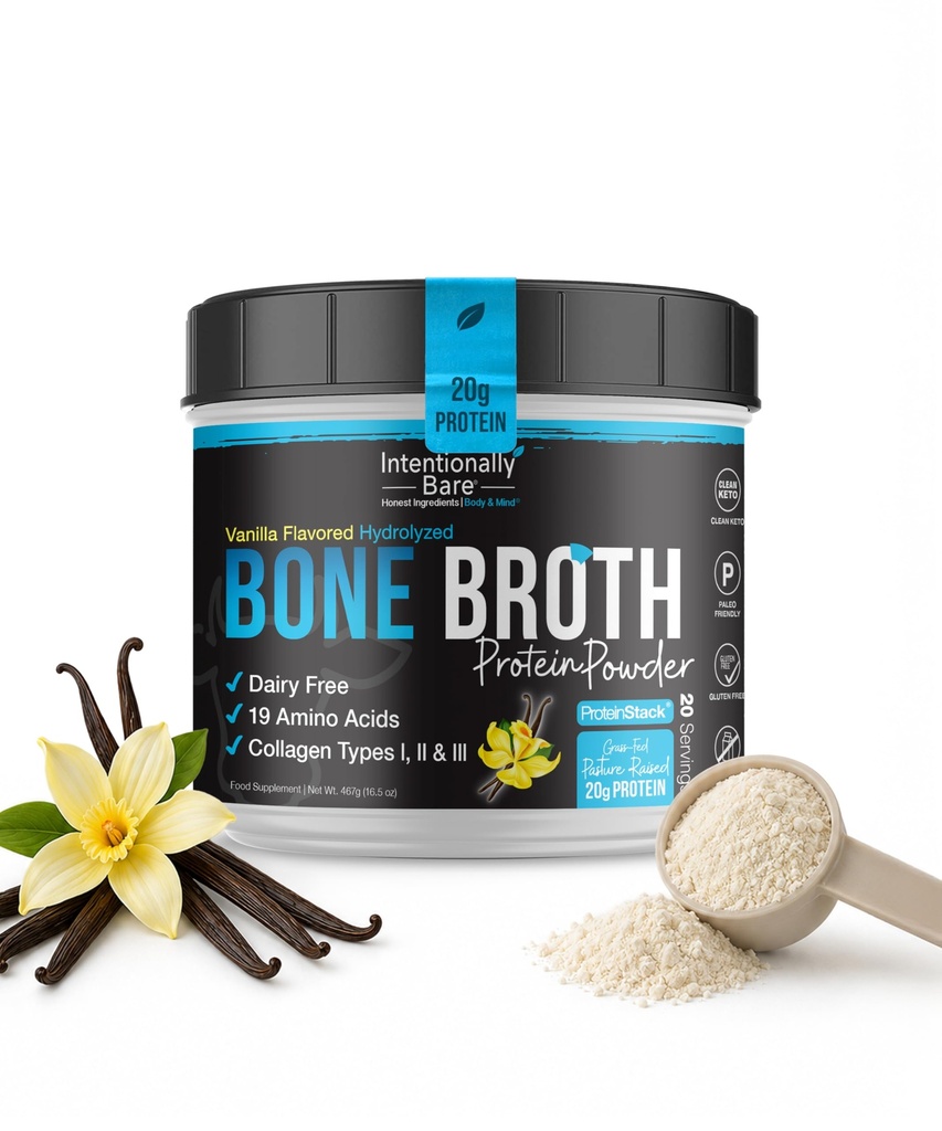 Beabsichtigt Bare Bone Broth Protein Pulver Vanille - Grass Fed Protein Pulver mit Multi Collagen Peptides Typ 1 2 und 3 - Dairy Free Bone Broth Pulver für Haut, Gut und Gelenk - 20 Portionen