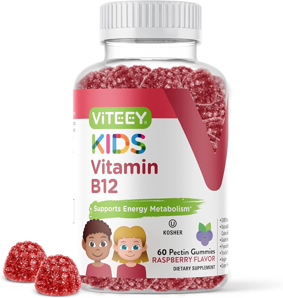 Viteey Vitamine B12 pour les enfants Gummies, 1000mcg - Métabolisme, Soutien de l'énergie naturelle - Vegan, Sans gélatine, Sans gluten, Sans OGM - Gummy aromatisé aux framboises