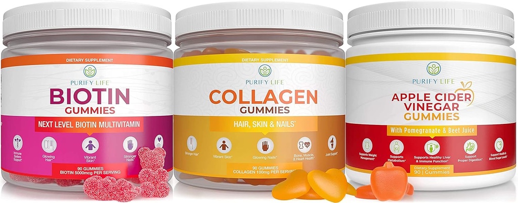 Purificare vita Aceto di sidro di mele, Collage & Biotin Bundle, Salute e digestione del fegato, Gummies per la crescita dei capelli, Pelle più sana & unghie, Vegan, Gluten Free, Non OGM Tutti i supplementi naturali