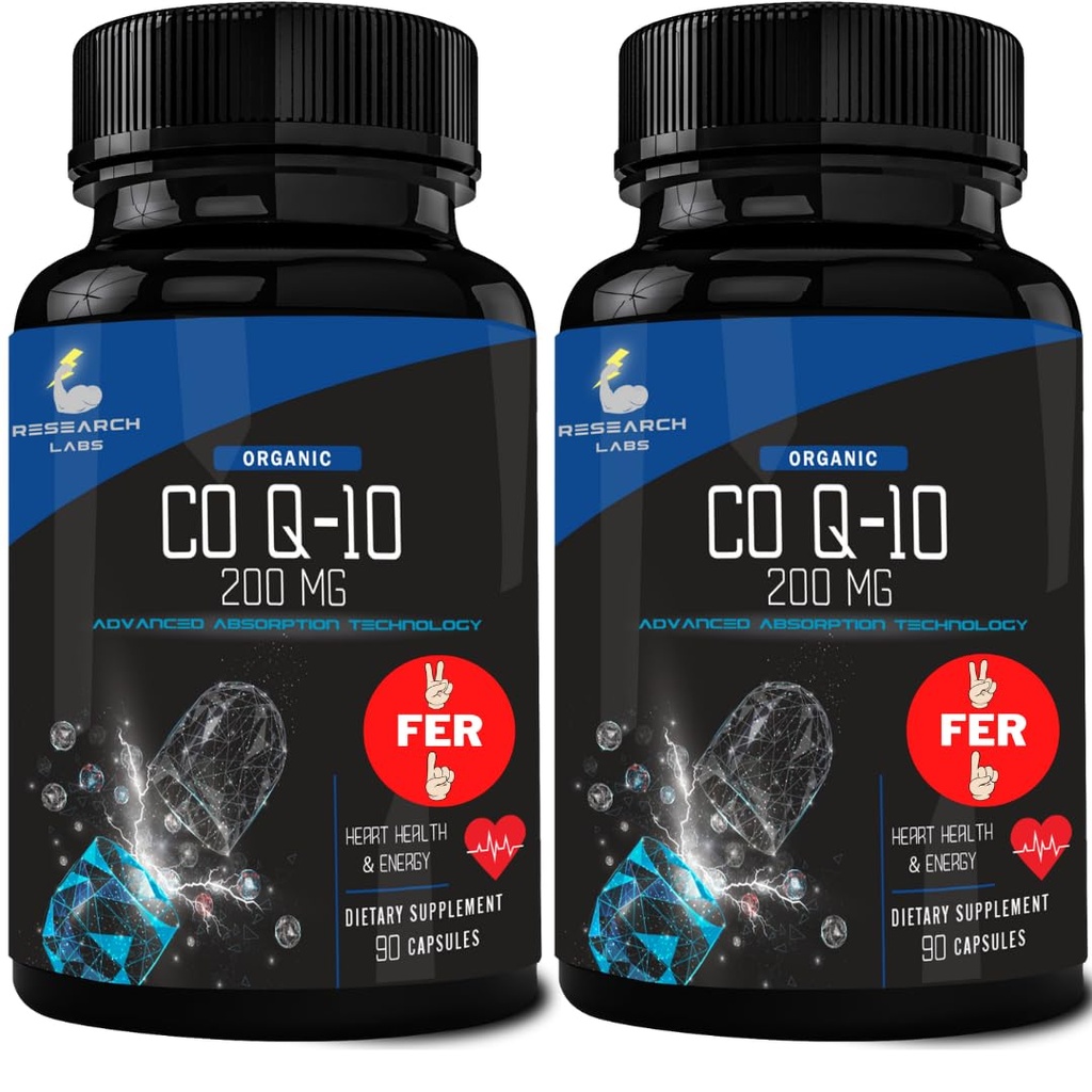 Forschungslabors 180 Softgels Advanced Absorption 200mg CoQ10 w/Black Pepper Extract. 2 für 1 Ad. Bio, Glutenfrei, Herzgesundheitsunterstützung, Energieproduktion, Antioxidans Supplement