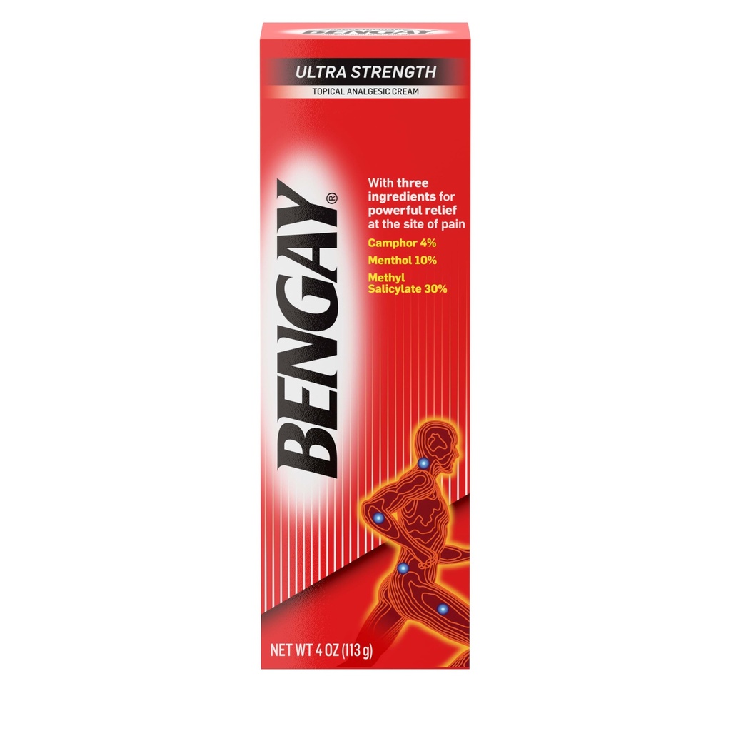Bengay Ultra Strength Themen Schmerzlinderung Creme, nicht fettige topische Analgetik für minderjährige Arthritis, Muskel, Gelenk und Rückenschmerzen, Camphor, Menthol und Methylsalzsäureester, 4 OZ