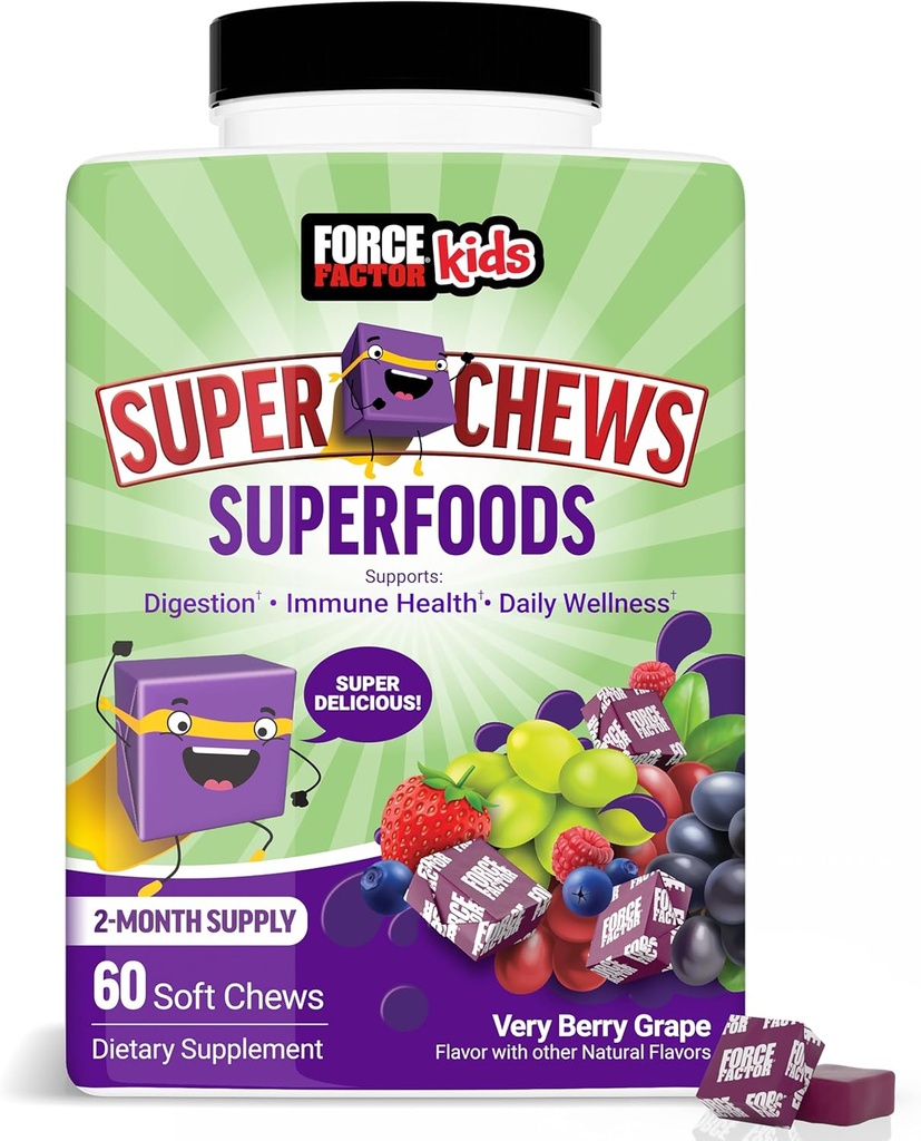 FORCE FACTOR Kids Superfood Super Chews, Bambini Vitamine C & D, Integratore di supporto immunitario con supporto antiossidante da frutta in polvere e verdure, alimentazione di 2 mesi, aroma d'uva molto berretto, 60 Soft Chews