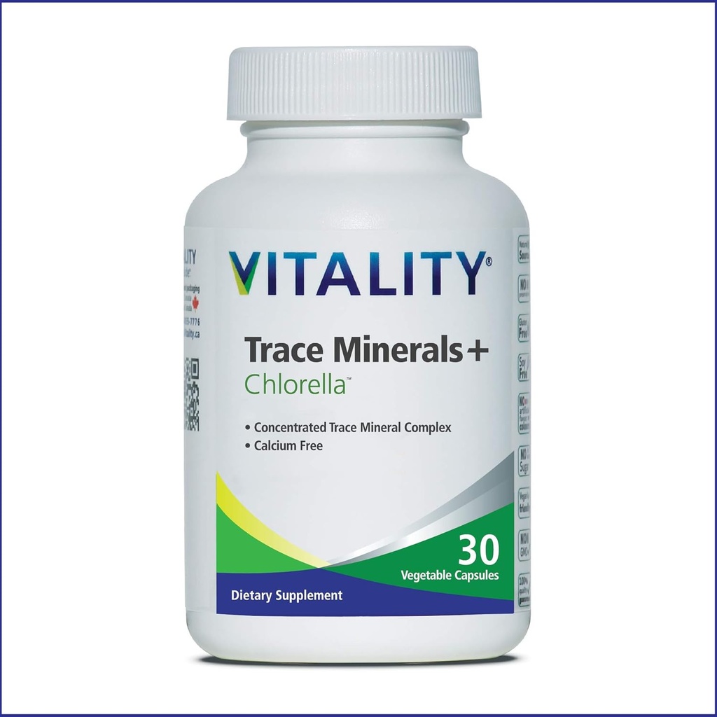 Vitality Trace Minerals + Chlorella – 30 giorni/Capsules- Canadian-Made Full Spectrum Mineral Complex | Manganese, Zinc, Selenium & More | Supports Energy & Immunity. Vegan, senza allergeni.