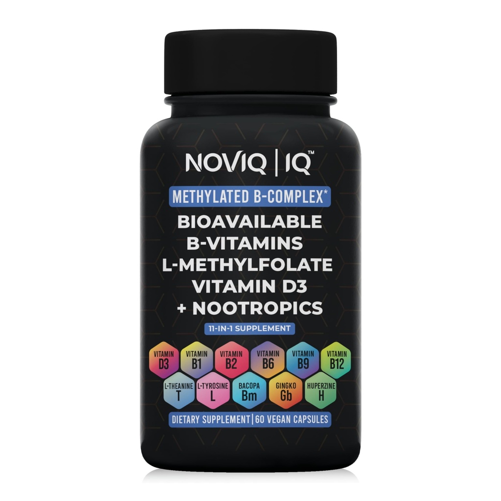 11-in-1 Methylierte B-Komplex-Ergänzung: 680mcg L-Methylfolat(5-MTHF) Thiamin(B1) Riboflavin(B2) Pyridoxal(B6) Methylcobalamin(B12) - VegD3® + Nootropics - 1.100mg+ Servieren - 60 Zähler