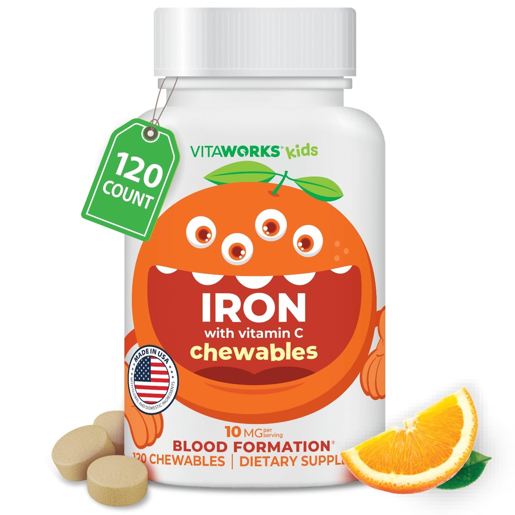 Enfants Fer 10mg avec vitamine C 50mg Comprimés à croquer - Dégustation naturelle aromatisée - Vegan, végétarien, sans OGM, sans noix - Supplément de fer alimentaire - Formation de sang pour les enfants - 120 Chewables