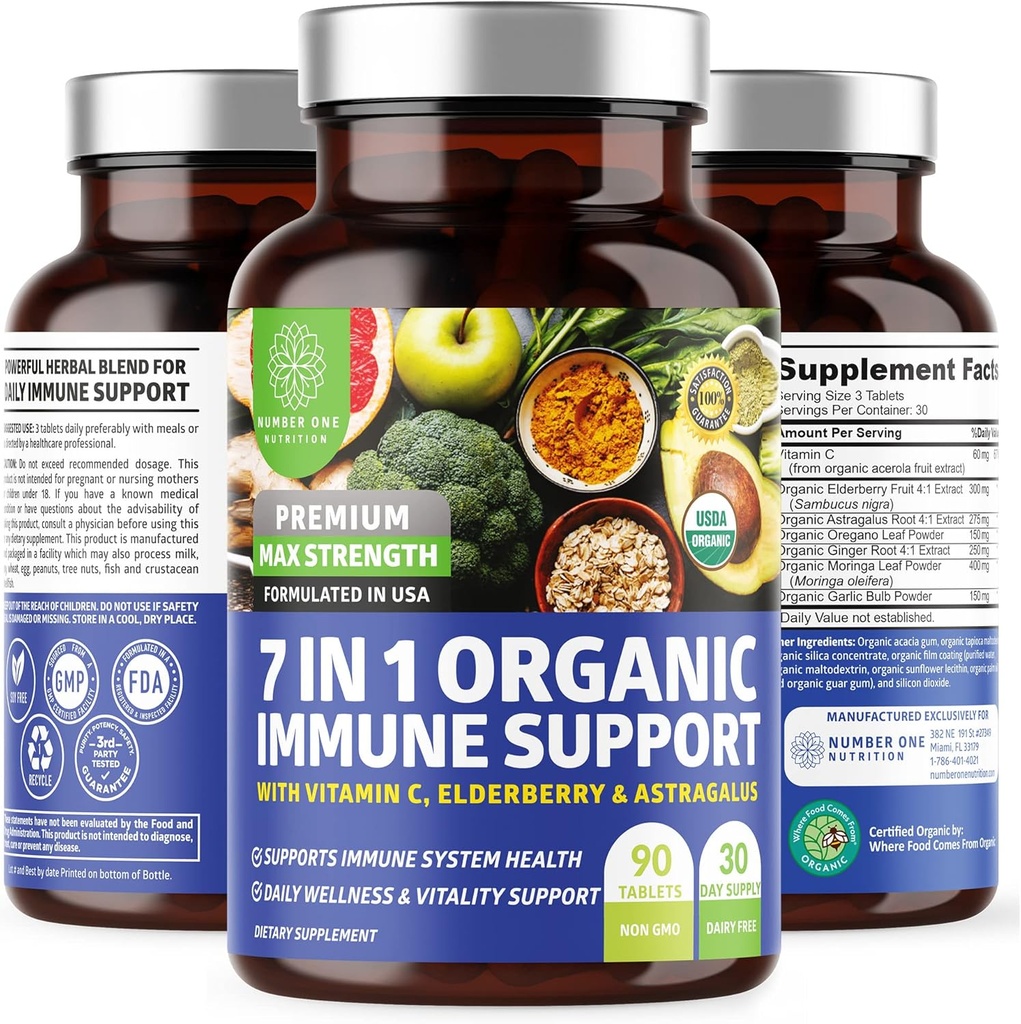 Supplément de soutien immunitaire N1N Premium 7 en 1 [100 % USDA Organic] Boost Immunitaire quotidien avec vitamine C, Elderberry, Moringa Leaf, Origan et Ail pour l'immunité et la réponse inflammatoire, 90 comprimés