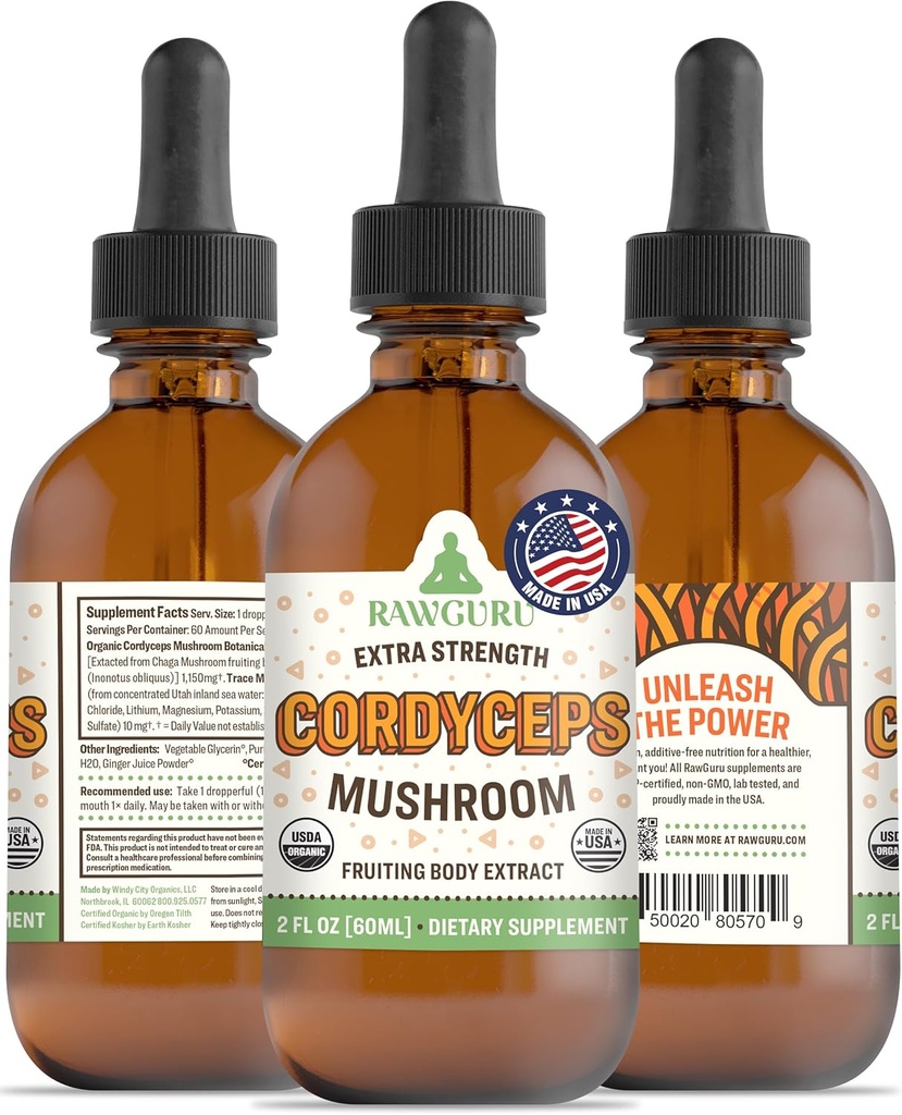 RawGuru Cordyceps Supplément de champignons - Extrait végétalien Cordyceps avec des minéraux traces - Nano-processed Immunity Boost & Cognitive Supplement Teinture - 60 portions de gouttes végétaliennes par 60 ml, boîte de 1