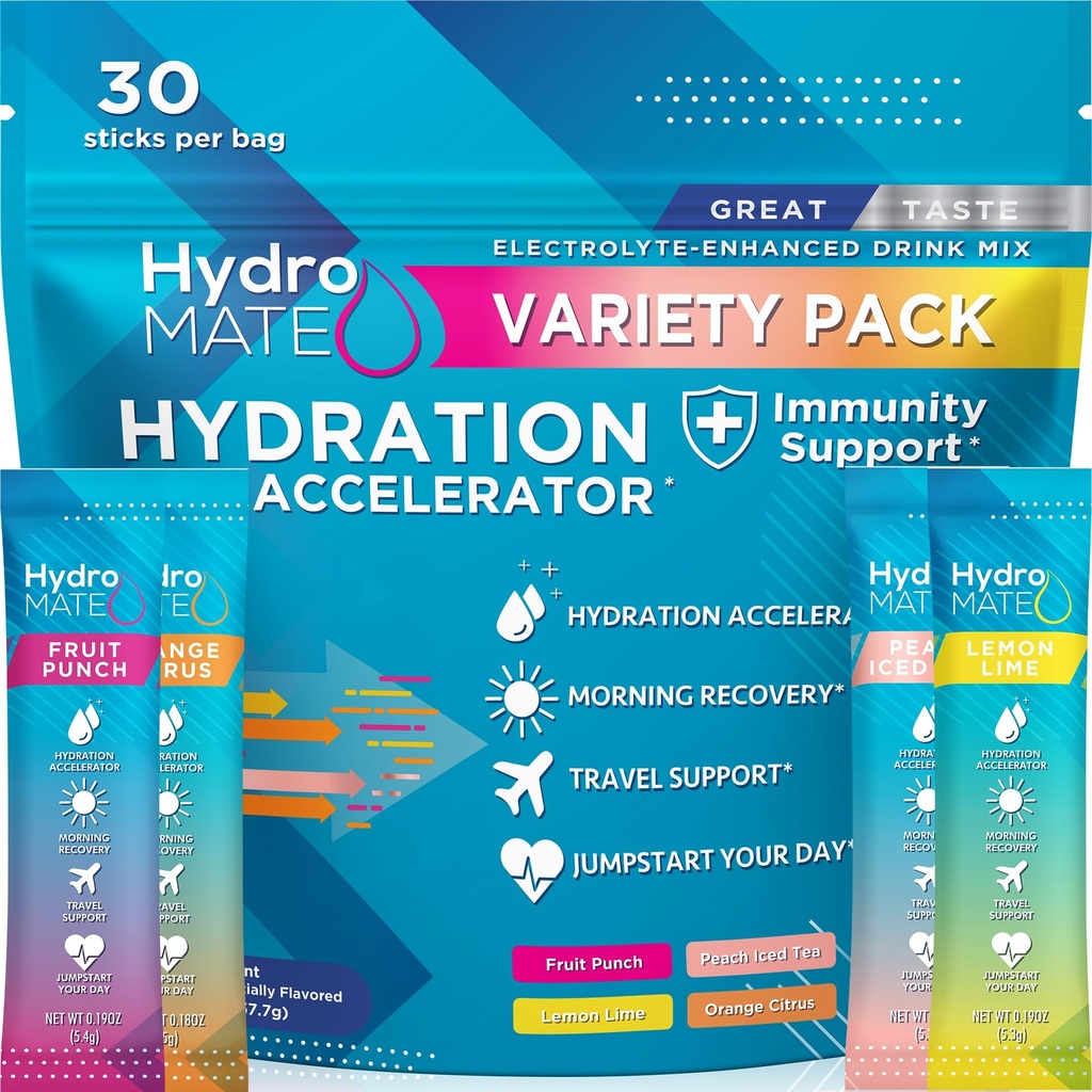 HYDROMAT Électrolyte Powder Pack de variété Hydratation Packets Faible sucre 30 Compte