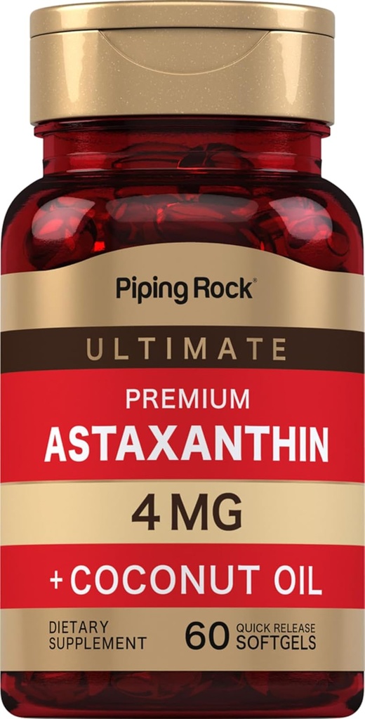 Piping Rock Astaxanthin 4mg | 60 Softgels | mit Kokosnussöl | Algen Extrakt Ergänzung | Non GMO, Glutenfrei