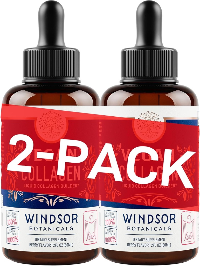 WINDSOR BOTANICALS Vegan Collagen Builder Liquid Supplemento - Collagen Booster con vitamina C, Biotina, Acido Ialuronico & Aminoacidi - Frutta Organica & Verdura Blend - 120ml, 60 giorni