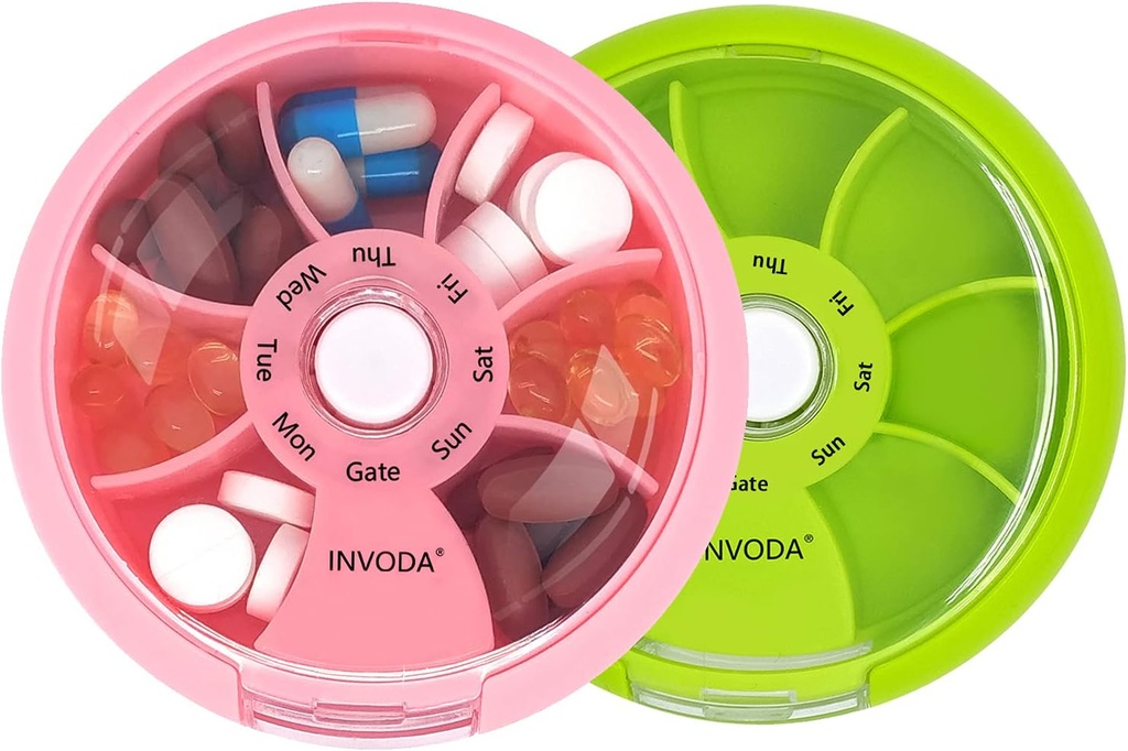 INVODA Weekly Pill Organizer 7 Compartiment Pill Box rotative pour les médicaments quotidiens et les vitamines - Portable Travel Pill Case Suppléments d'huile de poisson Vitamines Organizer (Pink+Green)