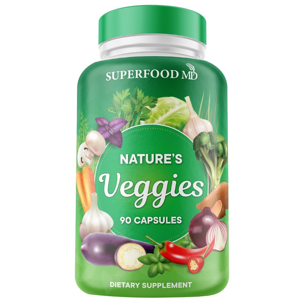 Superfood MD Veggies Supplement - 90 Veggie Kapseln - Unterstützt Energieniveaus, Beta Carotene, Vitamine & Mineralien - Sojafrei - 90 Count