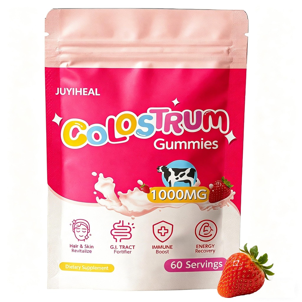 Colostrum Gummies, 1000 mg Grass Fed Colostrum Chews Colostrum Supplemento per la salute del fegato, la crescita dei capelli, la bellezza e il supporto immunitario, Strawberry Flavor 60 Servings