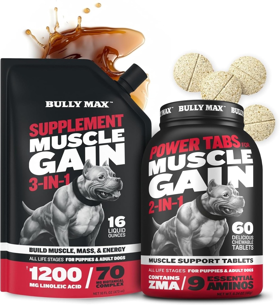 Bully Max 3-in-1 Liquid Dog Muscle Builder und Power Tabs (60 Tabs) Bundle – High Protein Supplement & Chewable Multivitamine für Muskelwachstum, Energie & Erholung in allen Rassen, Welpen & Erwachsene Hunde