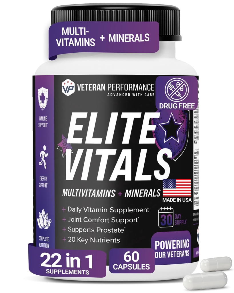 Elite Vitals – Mens Daily Multivitamins with Vitamin B12, Gluten Free Immune Support Supplement for Prostate, Joint & Energy with Zinc, Green Tea, +20 Essential Vitamins – 60 Caps