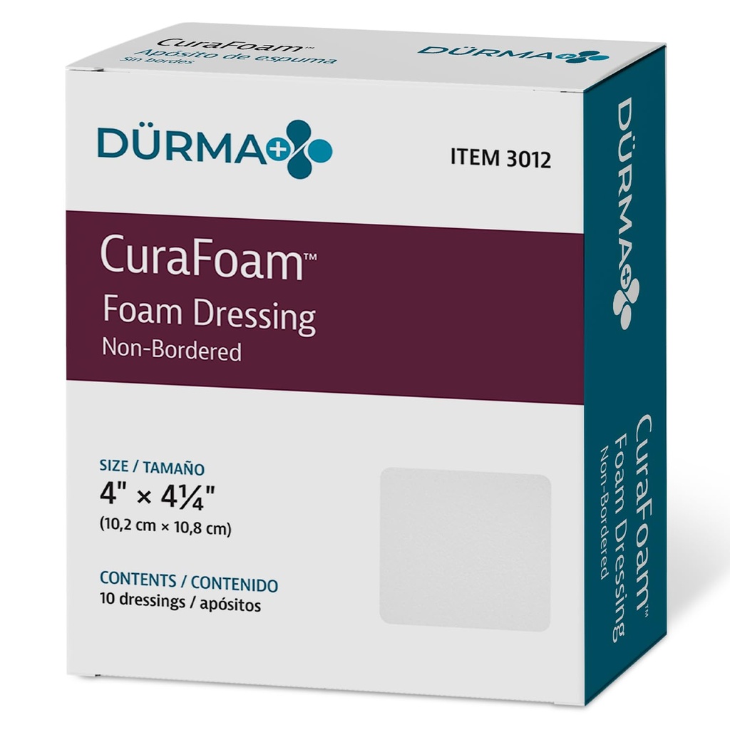 Dynarex 3012 CuraFoam Foam Dressing, Non-Bordered, Steril, bietet Kissen und Feuchtigkeit Wound Pflege, 4" x 4.25", Packung von 10