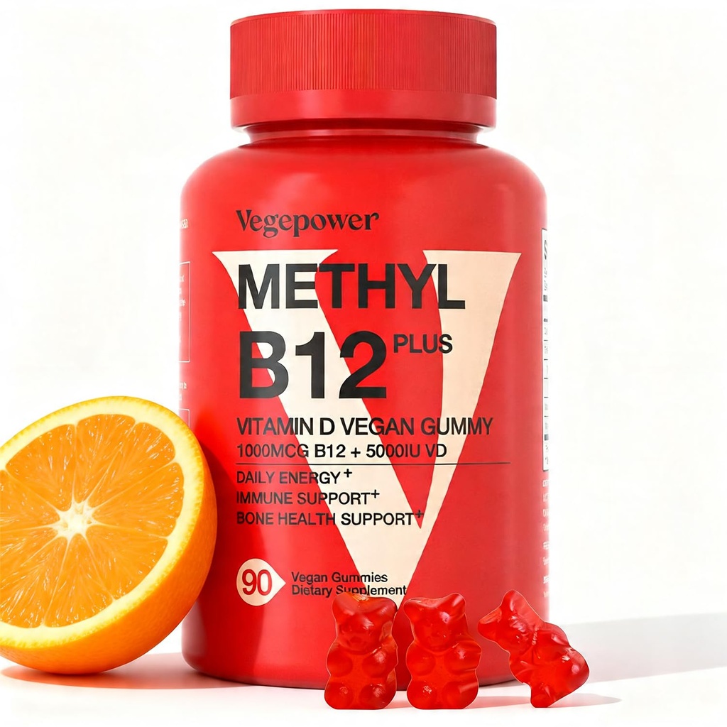 Vegan Vitamin D3 & B12 Gummie, Methyl B12 Ergänzung für Erwachsene & Kinder, Enhanced with Vitamin D 3 for Natural Energy, Immune, Metabolism & Focus, Orange, 90 Gummie