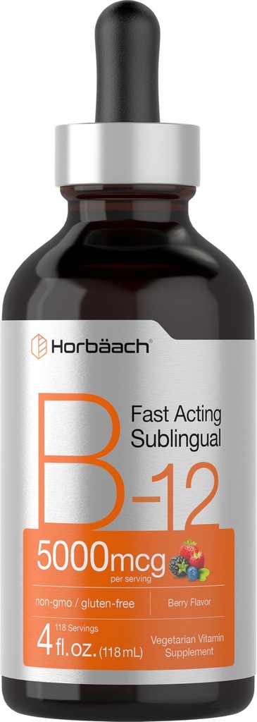 Horbaach B12 Vitamin 5000 mcg Sublingual | 4 Fl Oz | as Methylcobalamin and Cyanocobalamin | Liquid Vegetarian Drops | Berry Flavor | Non-GMO & Gluten Free Supplement