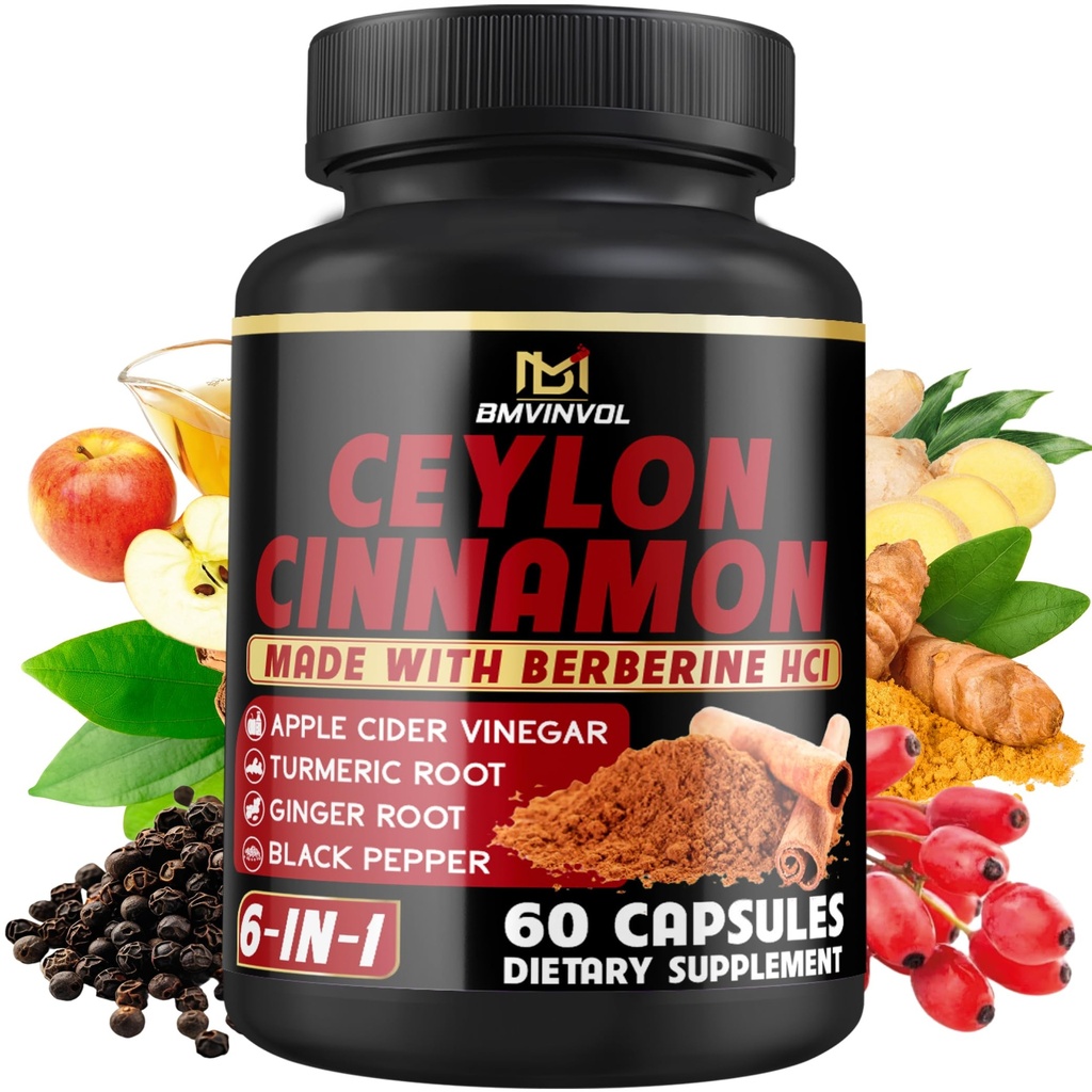 Ceylon Cinnamon Kapseln mit Berberine HCl, Apfel Apfelessig, Turmeric, Ginseng, Black Pepper - 6in1 zur Unterstützung Immunfunktion - 60 Count