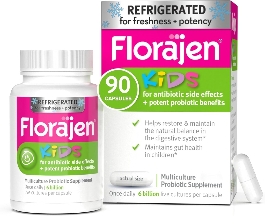Florajen Kids Probiotic, 6 milliards d'UFC, Probiotiques réfrigérés pour les enfants, Supplément probiotique multi-culture, Soulage le gaz occasionnel, Bloating & Constipation, Soutient la santé Gut, 30 Ct (3 Pack)