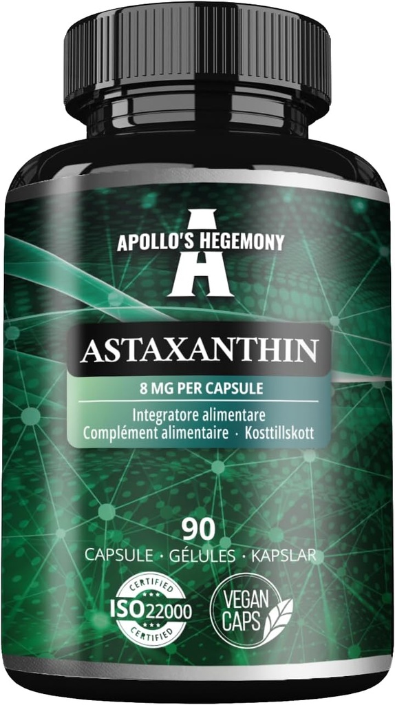 APOLLO'S HEGEMONY Astaxanthin 8 mg von Microalgae Haematococcus pluvialis - 90 Vegan Kapseln - 3 Monate Versorgung - Leistungsstarkes Antioxidans - Nahrungsergänzung