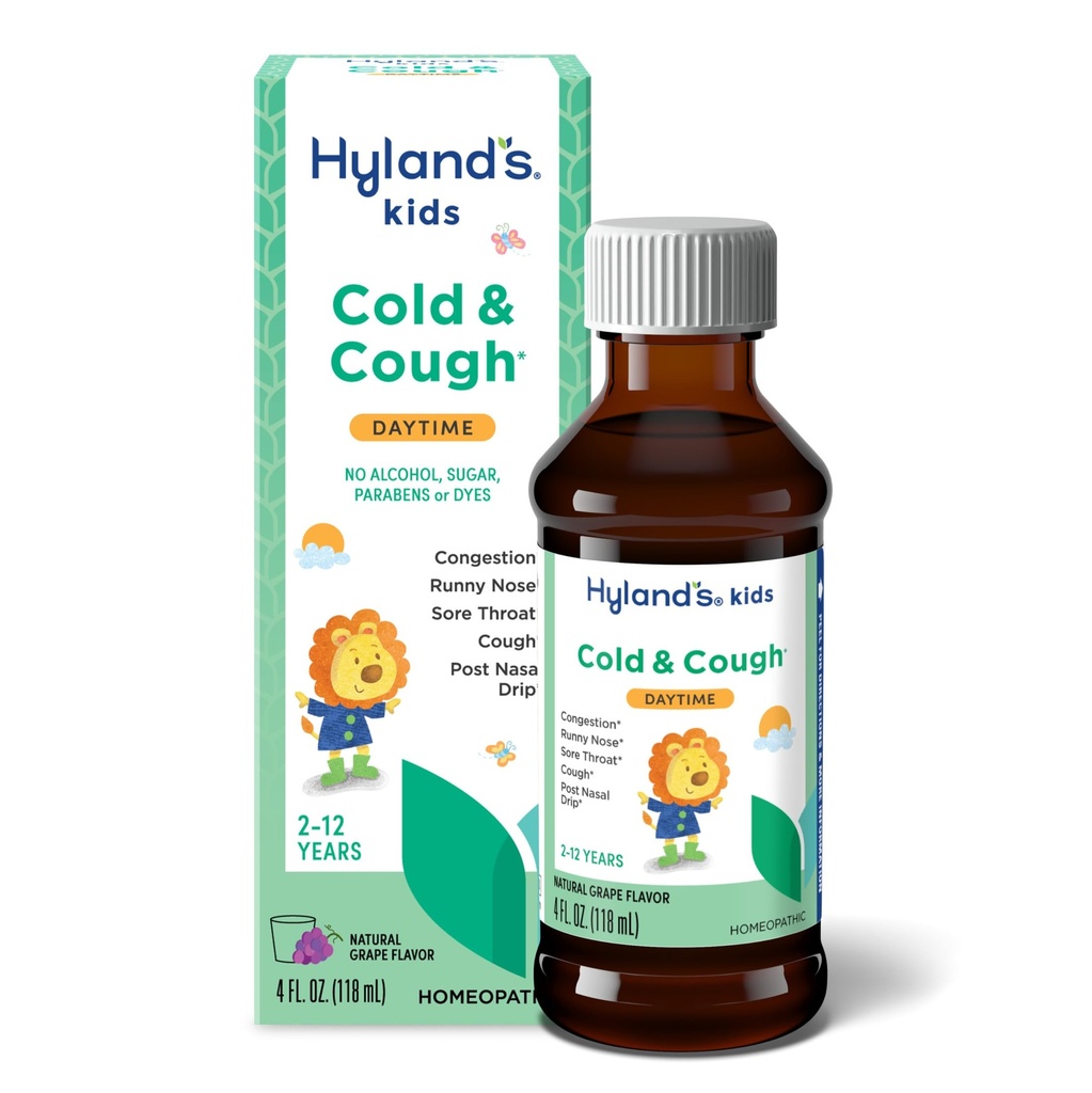 Hyland's Kids Cold and Cough, Daytime Grape Flavor Cough Syrup Medicine for Kids Ages 2 and up, Decongestant, Sore Throat Relief, Trattamento naturale per comuni sintomi freddi, 4 Fl Oz