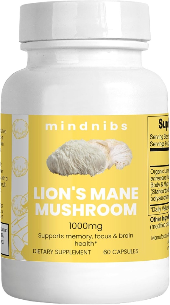 Organic Lion's Mane Mushroom Capsule 1000mg - Supporto cognitivo, neuroprotettivo Nootropics, 60 Vegan Caps
