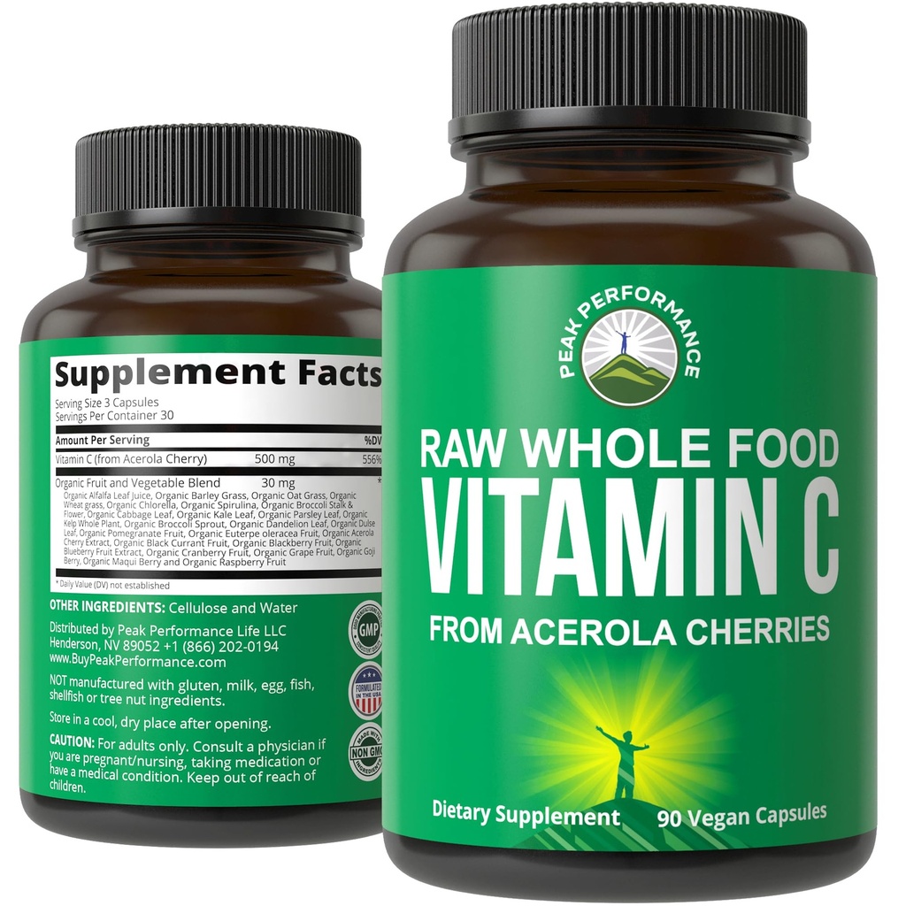 Peak Performance Raw Whole Food Capsules de vitamine C naturelles de la cerise d'Acerola pour l'absorption maximale. Vegan USA Source supplément de vitamine C 90 pilules. 500 mg portion ou 2 portions 1000mg