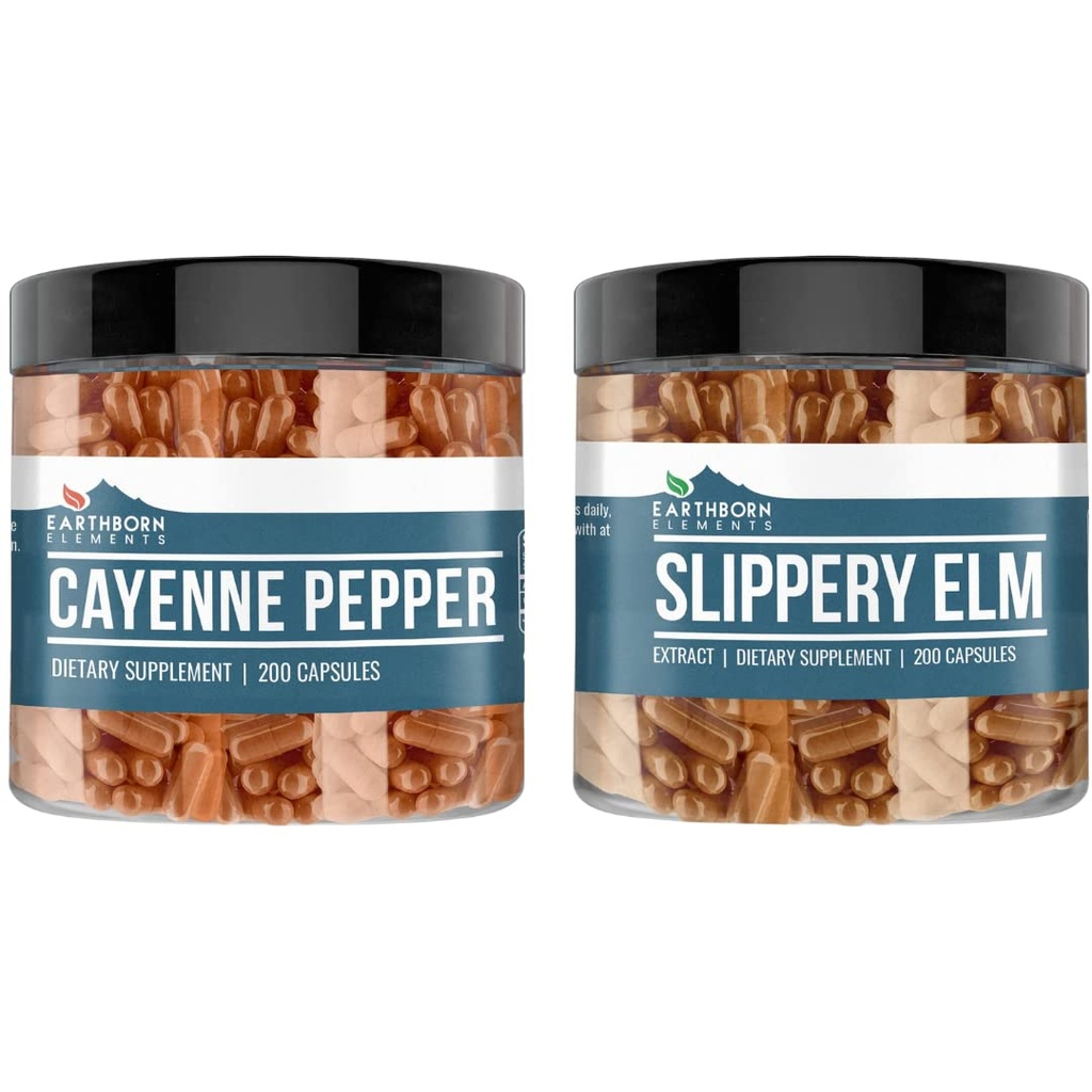 Erdnährende Elemente Cayenne Pfeffer & Slippery Elm Bundle (200 Kapseln jeder) Rein & unbenutzt, keine Zusatzstoffe