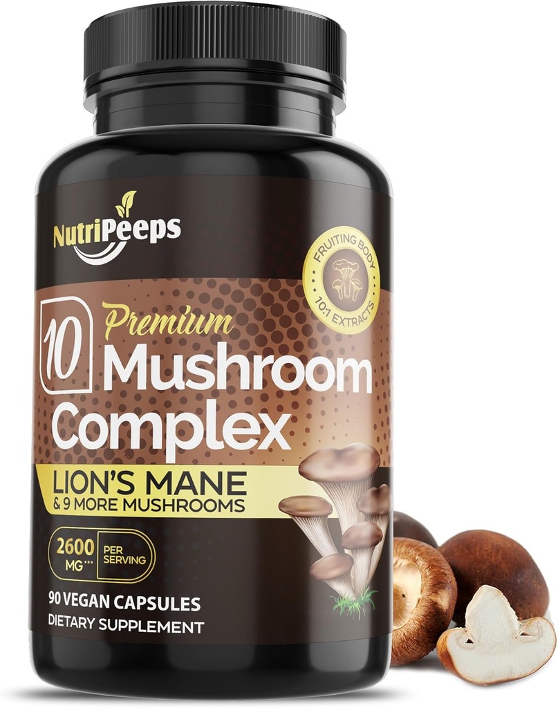Organic Mushroom Supplement - Top 10 Pilze Mischung mit Cordyceps, Reishi, Maitake, Shiitake, Lions Mane & More | Nootropics Gehirn Fokus Unterstützung | 2600mg | 90 Kapseln