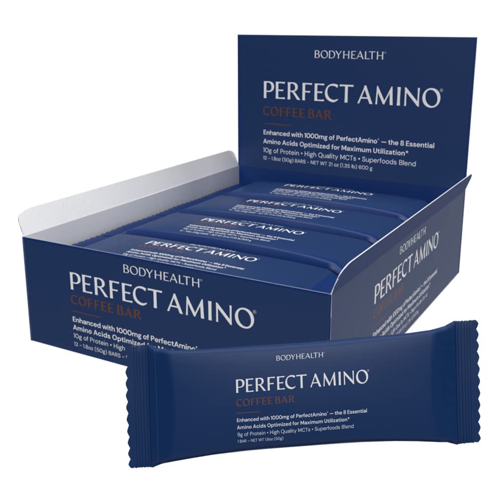 BodyHealth PerfectAmino Bar Protein Energy Snack mit 10g Protein, Plant Based MCT's, Superfood Blend, Kosher, (, 12 Pack)