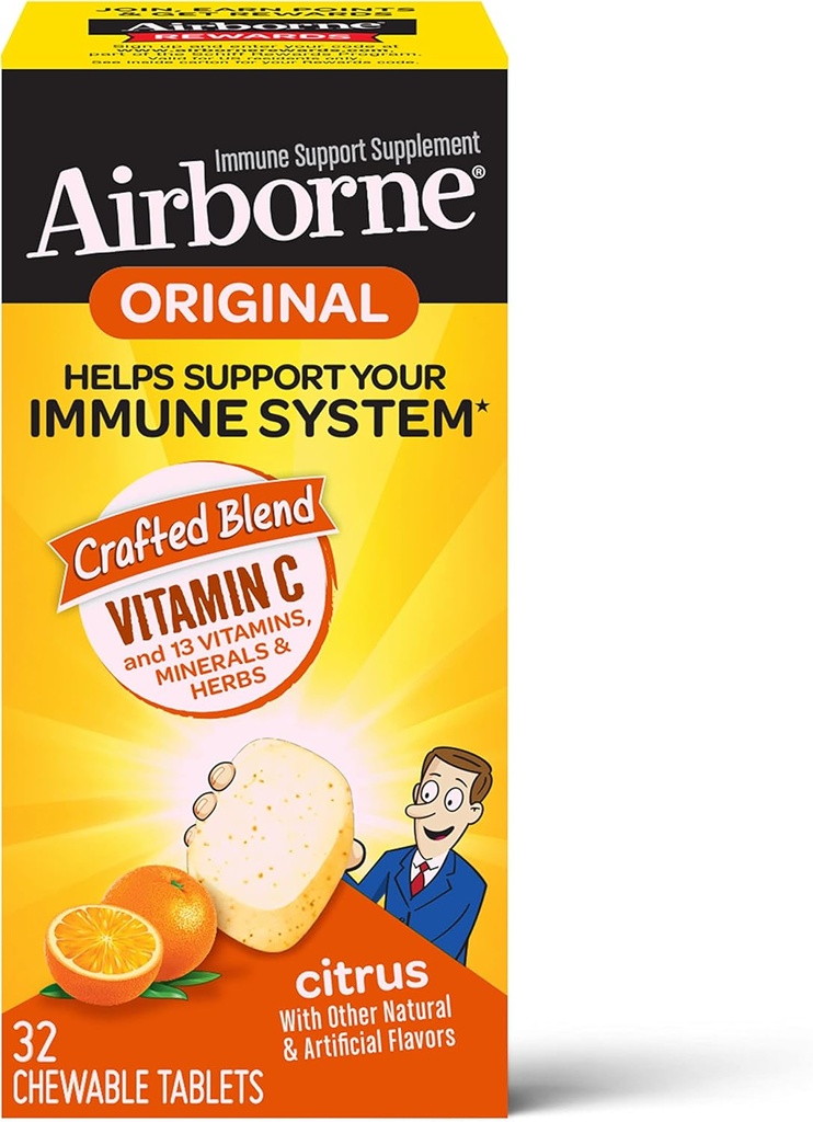 Citrus Chewable Tablets (32 Conta in una scatola), Gluten-Free Immune Support Supplement, con Vitamine A C E, ZINC, Selenio, Echinacea & Ginger, Antiossidanti