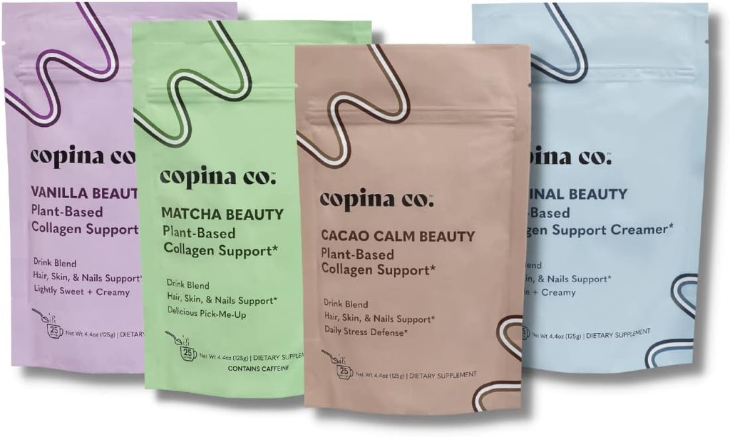 Copina Co. Vegan Collagen Booster Mix: Plant Based Collagen Support Smoothie Drink Vegan Blend Variety Pack | 4 Sapori Matcha, Vanilla, Originale e Cacao Calm | 25 porzioni per 4.4oz bag