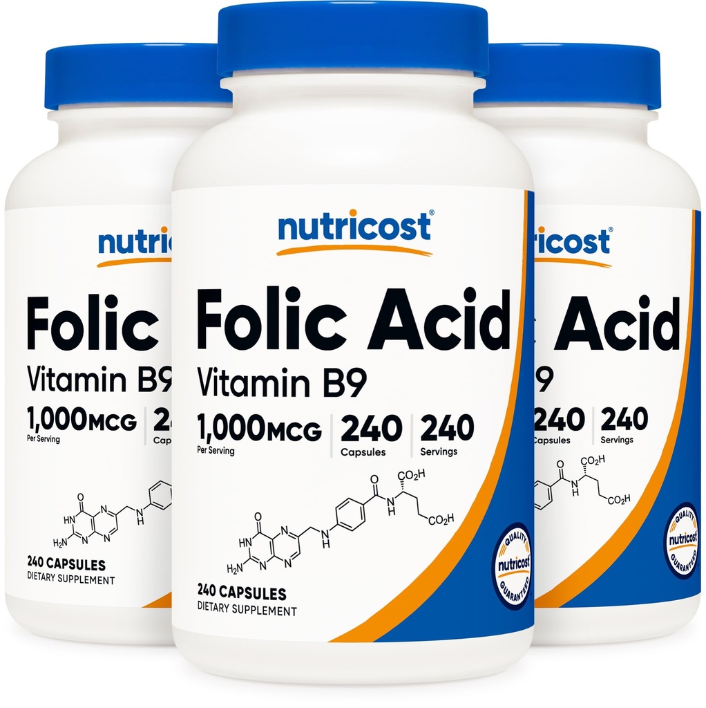 Nutricost Folic Acid (Vitamin B9) 1000 mcg, 240 Kapseln (3 Flaschen)
