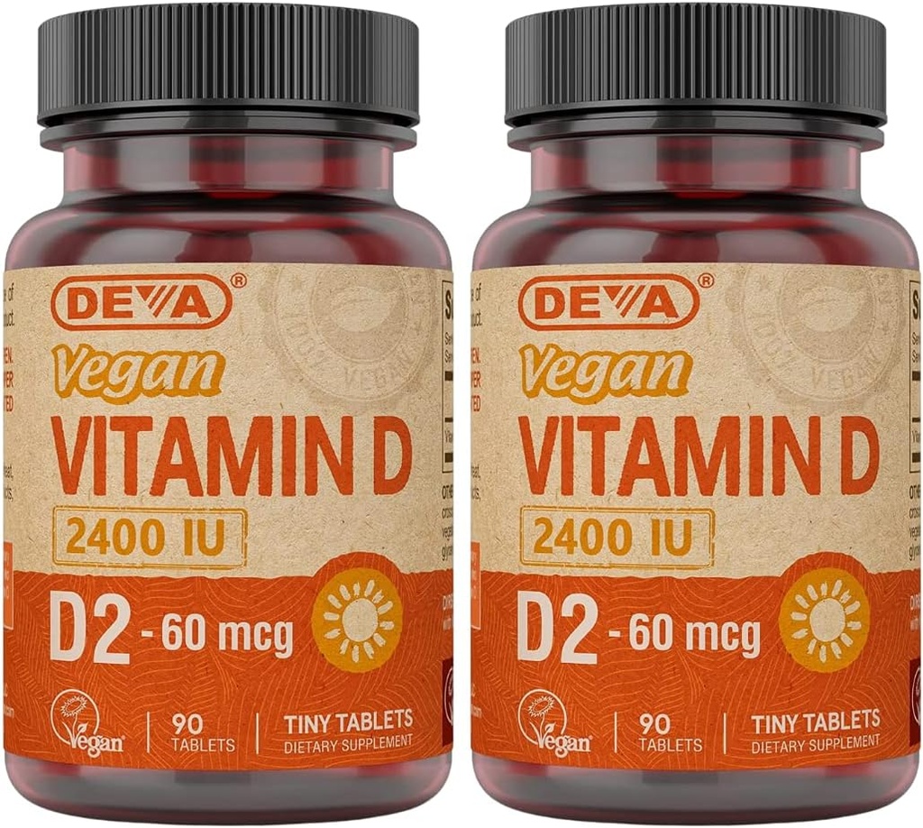 DEVA Vegan Vitamin D2 60 mcg 2400 IU, Ergocalciferol Beilage ohne Tierbestandteile, 90 Tabletten (Pack von 2)